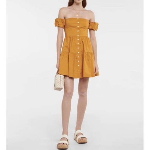 Staud Elio‎ Mini Dress Women’s Size 12 Off Shoulder Coquette Cotton Honey Yellow - Picture 2 of 12